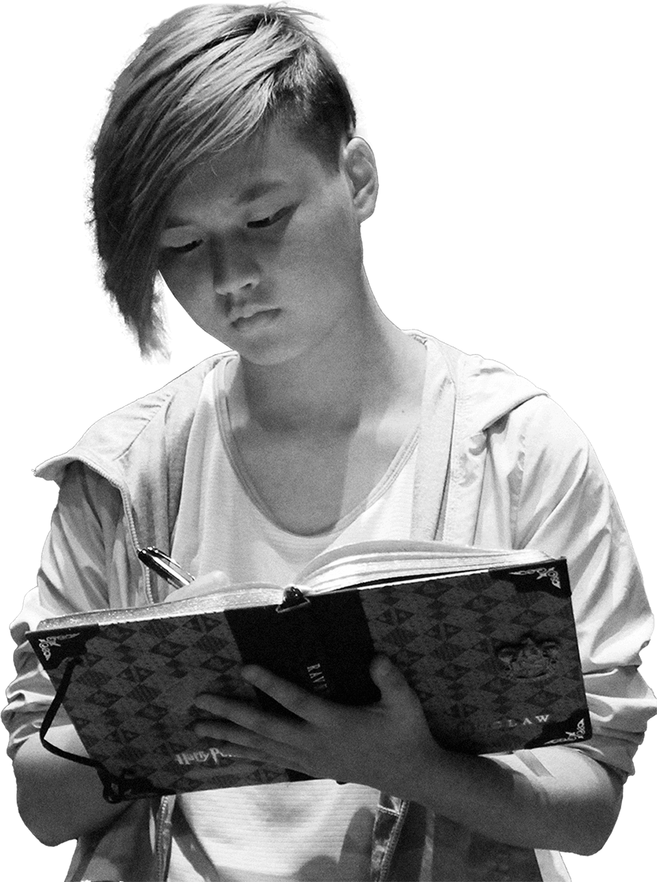 Student looking at book